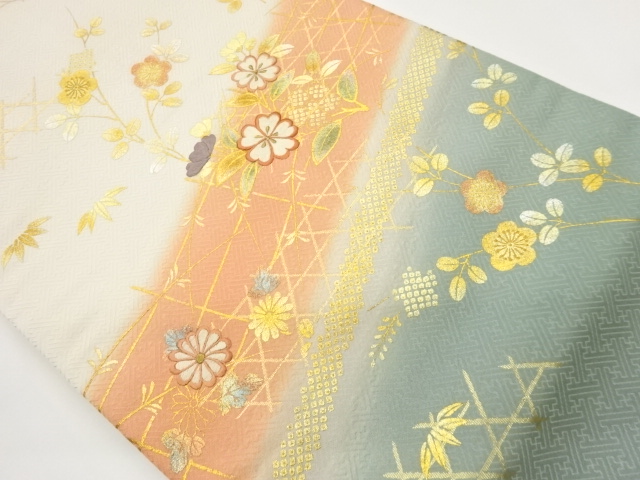 JAPANESE NAGOYA OBI / EMBROIDERY / KINSAI / FLORAL PLANTS